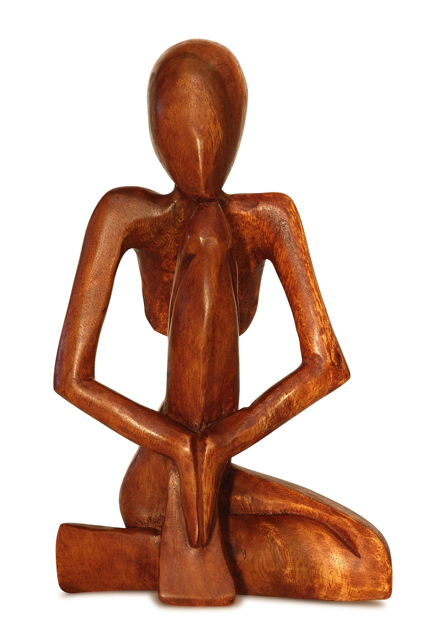 G6 Collection Wooden Handmade Abstract Sculpture Statue - Hand Carved Suar Wood Praying Man Figurine - Thinker Meditating Spiritual Gift - Modern Art Home Decor Accent for Shelf - 12 inch