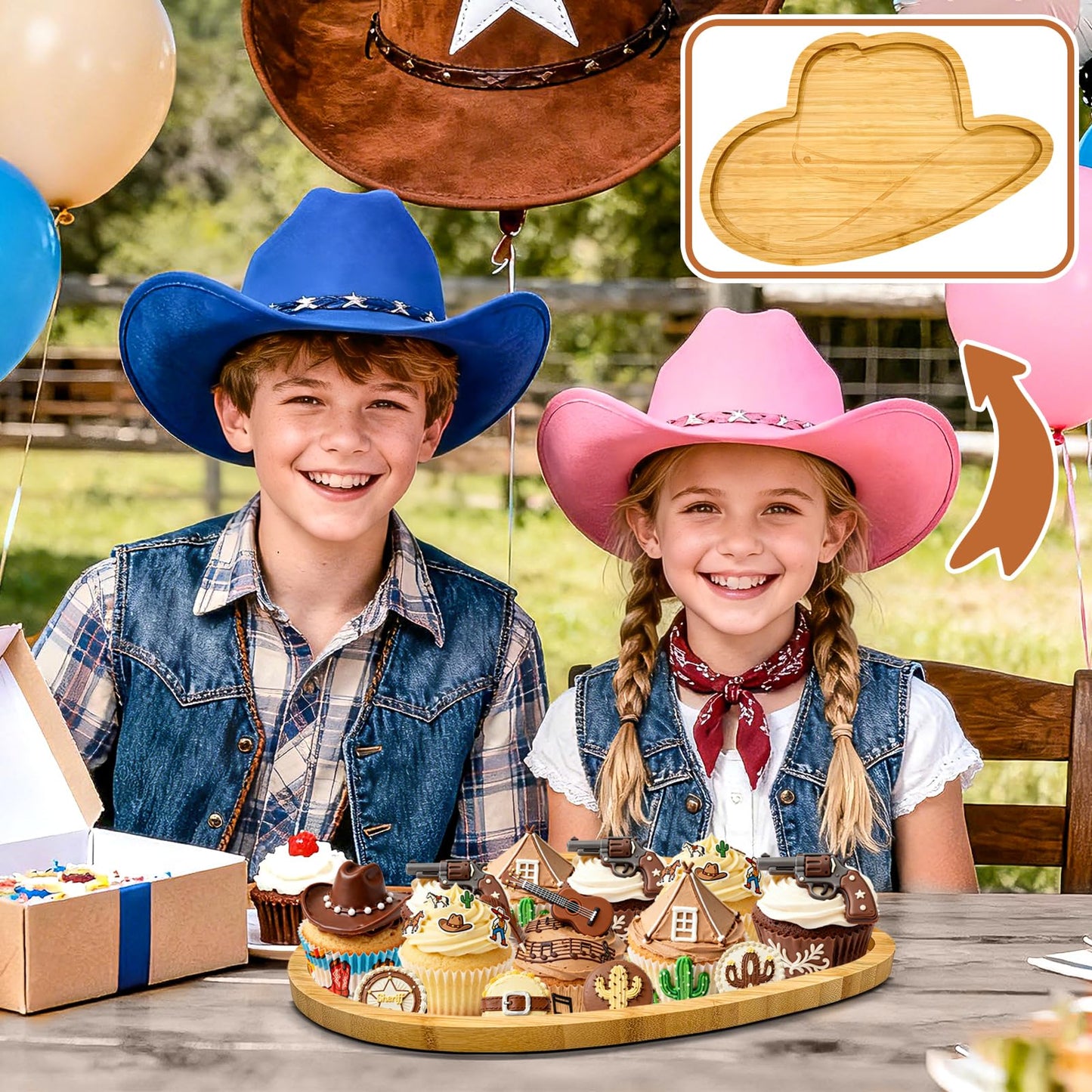 1Pcs Wooden Cowboy Baby Shower Party Decoration Hats Charcuterie Board First Rodeo Birthday Plates Cowgirl Serving Trays Reusable Fillable Food Platter for Western Gender Reveal Tabletop Supplies