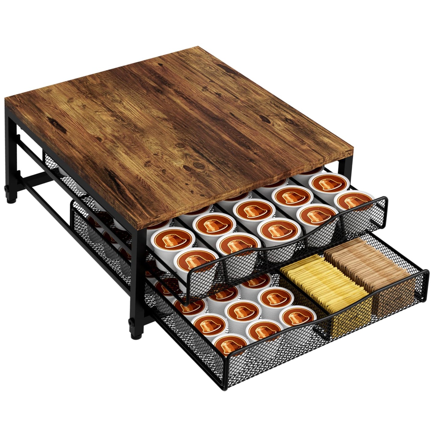 VyGrow Coffee Pod Holder For Counter, Wooden K Cup Holder with Double Layer Sliding Drawer, Large Capacity Coffee Pod Storage for Coffee Station, Home, Office, Kitchen