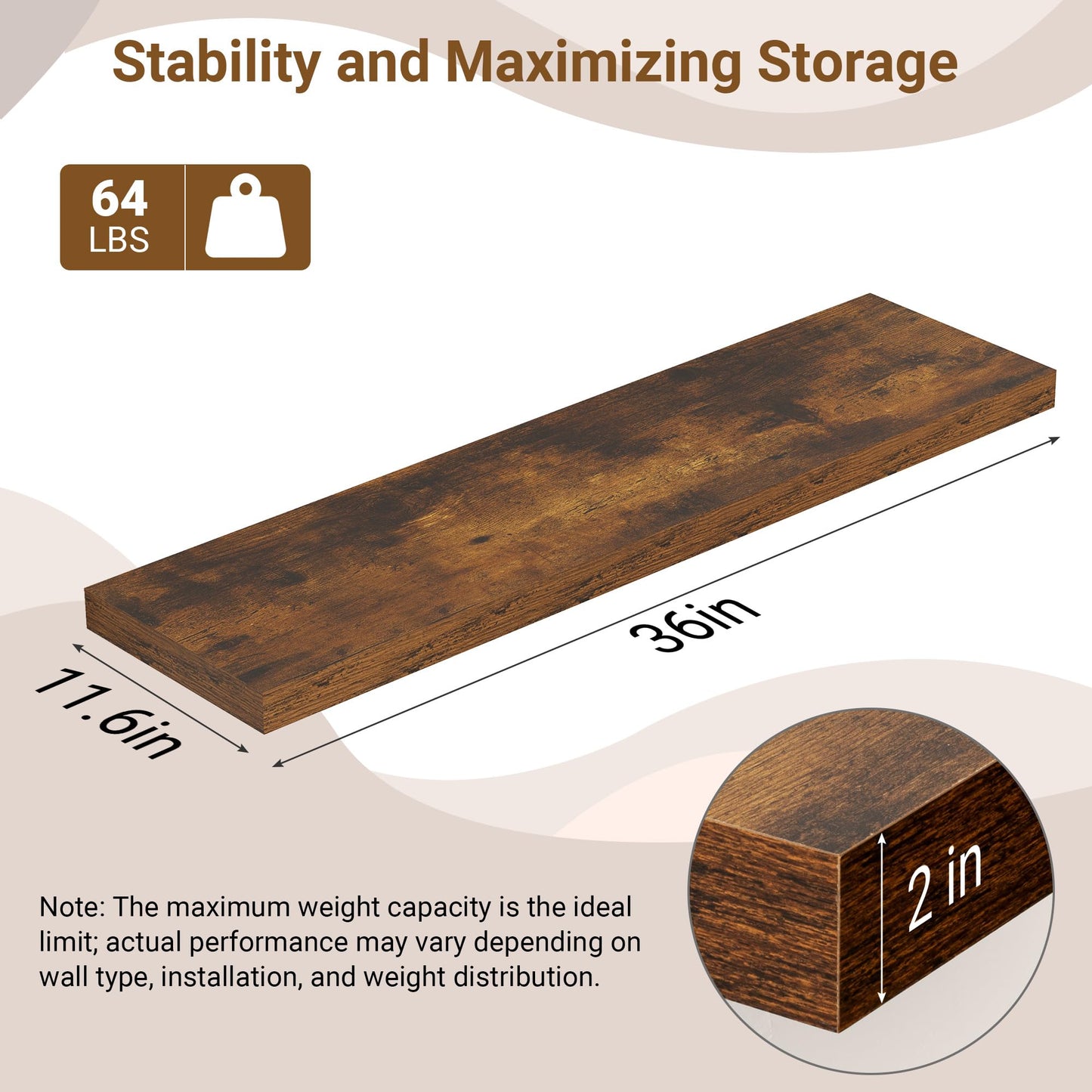 Feihorrm 36 Inch Floating Shelves, 12 Inch Deep Floating Shelves for Wall, Extra Deeper & Thicker Wooden Wall Shelf with Invisible Brackets, Shelf for Bedroom Home Decor（Rustic Brown, Set of 2）
