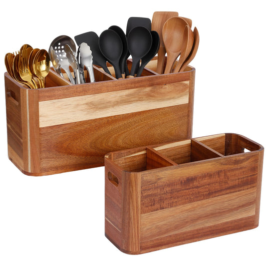 2PC Wooden Kitchen Utensil Holder for Countertop - Wall-mountable Large 4+3 Compartment Acacia Wood Organizer, Rustic Minimalist Utensil Crock for Cooking Tools and Flatware Storage