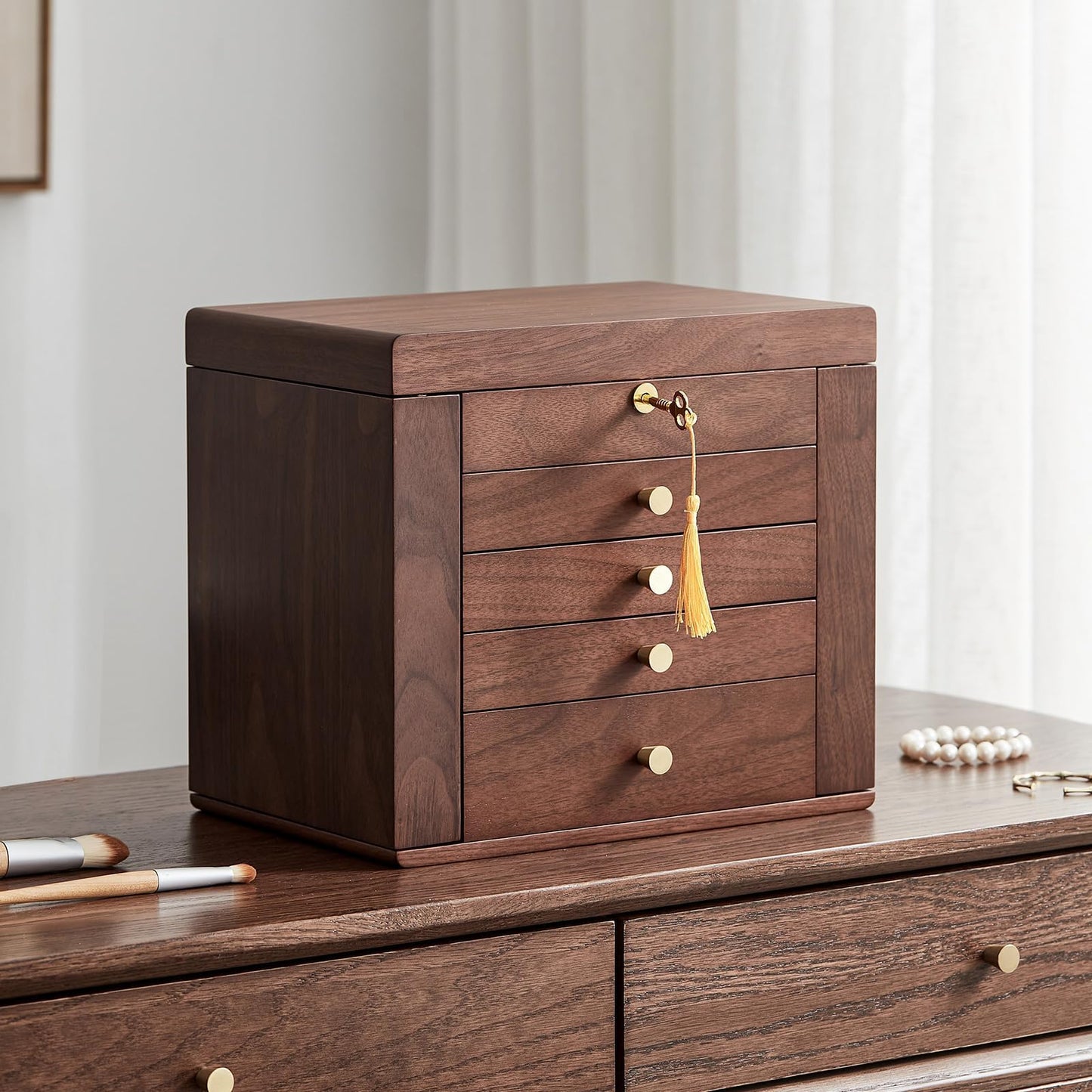 Homruilink Black Walnut Wooden Jewelry Box Wood Jewelry Organizer with 2 Side Doors Mirror Lockable Classical Style for Watch Necklace Ring Earring Storage, Fathers Day Gift-5 Layer