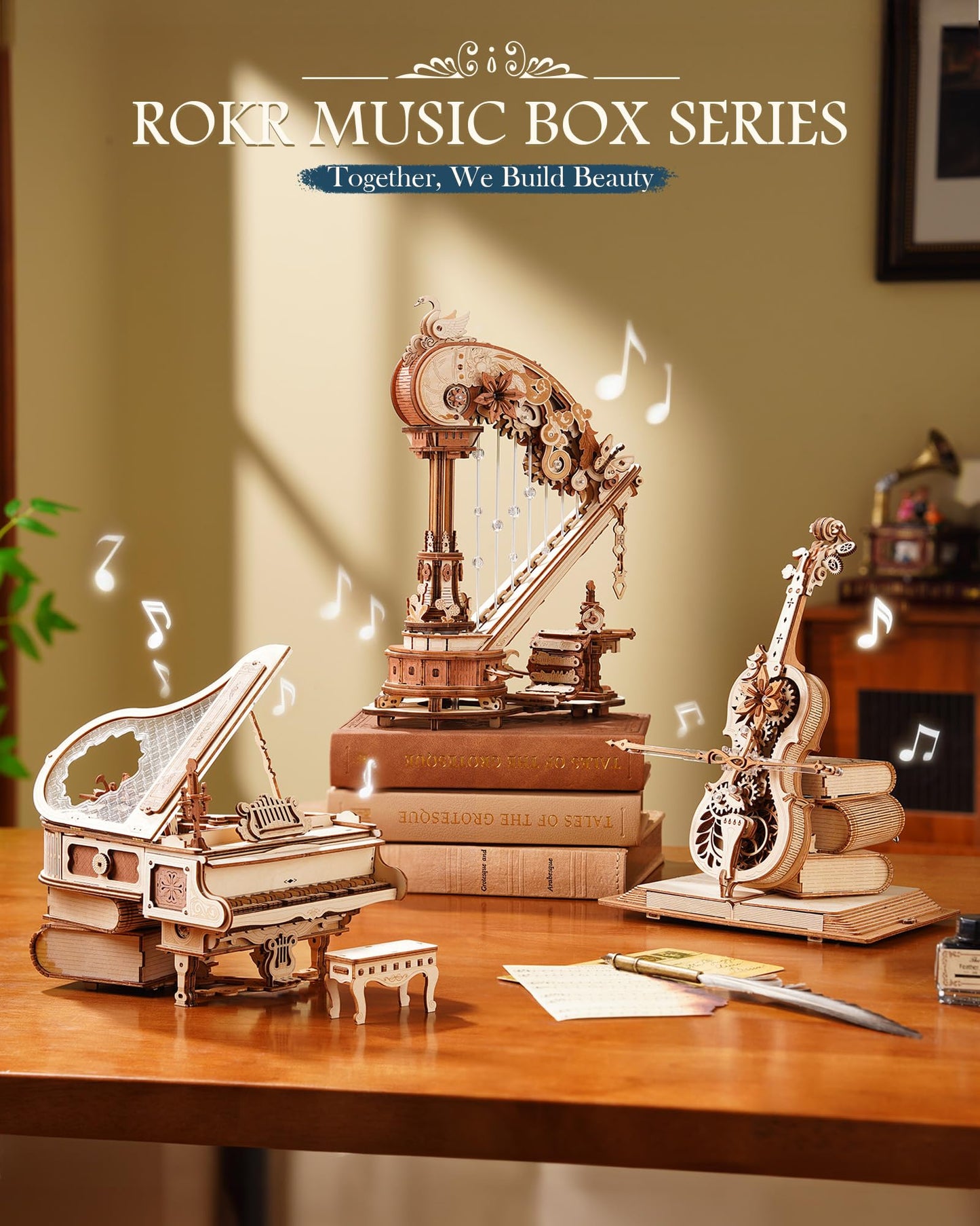 ROKR 3D Wooden Puzzle Harp Music Box, Building Model Kit with Mechanical Movement, Gift for Adults Women, Elegant Home Decor for Desk & Shelf