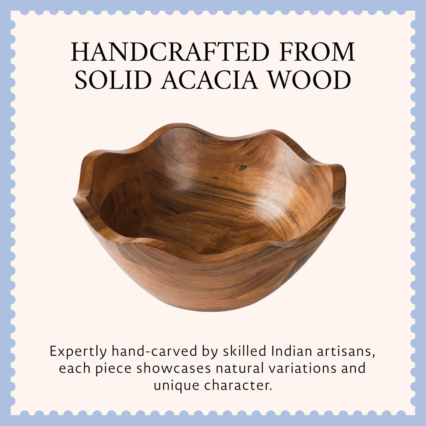 Mela Artisans 10 in Wide x 4 in Tall Scalloped Acacia Wood Salad Bowl – Decorative Serving and Fruit Bowl with Natural Finish for Kitchen Counter, Bread & Home Decor