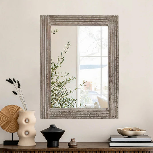 FORTENY Hand-Made Wooden Spliced Wall Mirror for Bathroom, Rustic Farmhouse Vanity Mirror, Décor Wall Art, Solid Wood Frame, Vertical or Horizontal Hanging (White, 32" x 24", Rectangular)