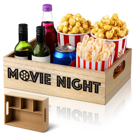 GlikCeil Movie Night Supplies Snack Trays with Handles Reusable Wooden Movie Gift Basket for Theater Popcorn Bucket Bowl Box Container Family Room Decor(Wood Color,Classic)