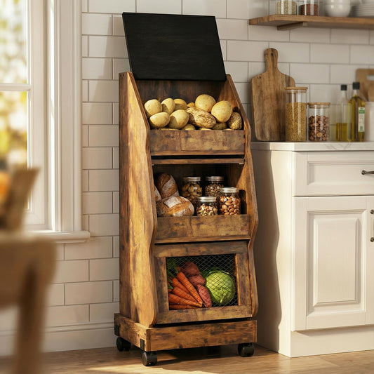ARTETHYS Potato Storage Bin Movable Bread Box with Lid Rustic and Wheels Onion Organizer with Grocery Section Decorative Vegetable Organization Cabinet for Kitchen