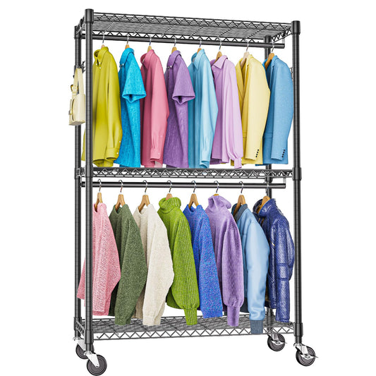 M MZG Heavy Duty Rolling Garment Rack 3 Tiers Adjustable Wire Shelving Clothes Rack with 2 Rods and Side Hooks,Storage Closet Clothing Rack with Wheels Black 15.7" D x 45.3" W x 79.6" H