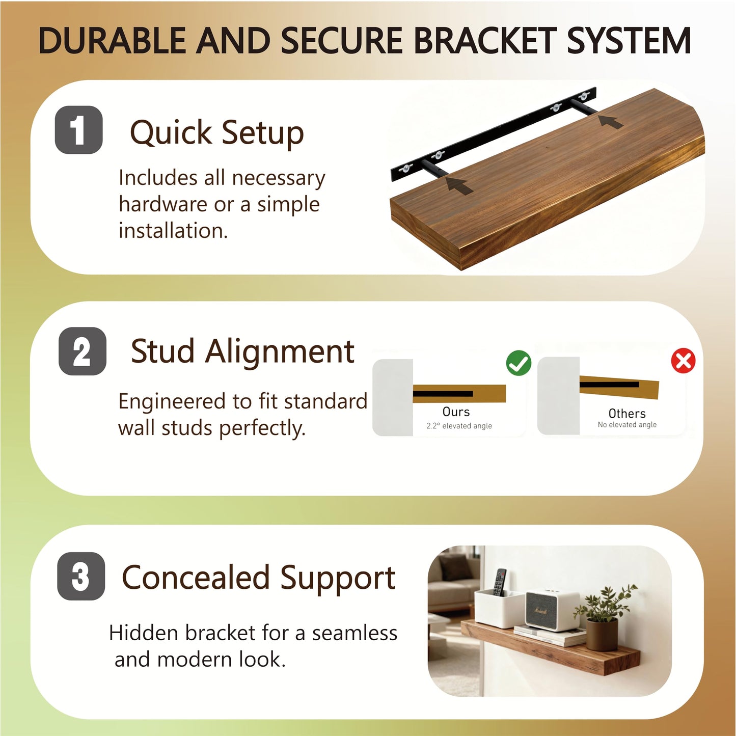 Sniffury Solid Wood Floating Shelves,23.6in Finished Real Wood Wall Shelves with Heavy-Duty Hidden Bracket, Easy Installation, Set of 2, 23.6in x 7.1in x 1.5in, for Living Room Bedroom Kitchen,Bronze