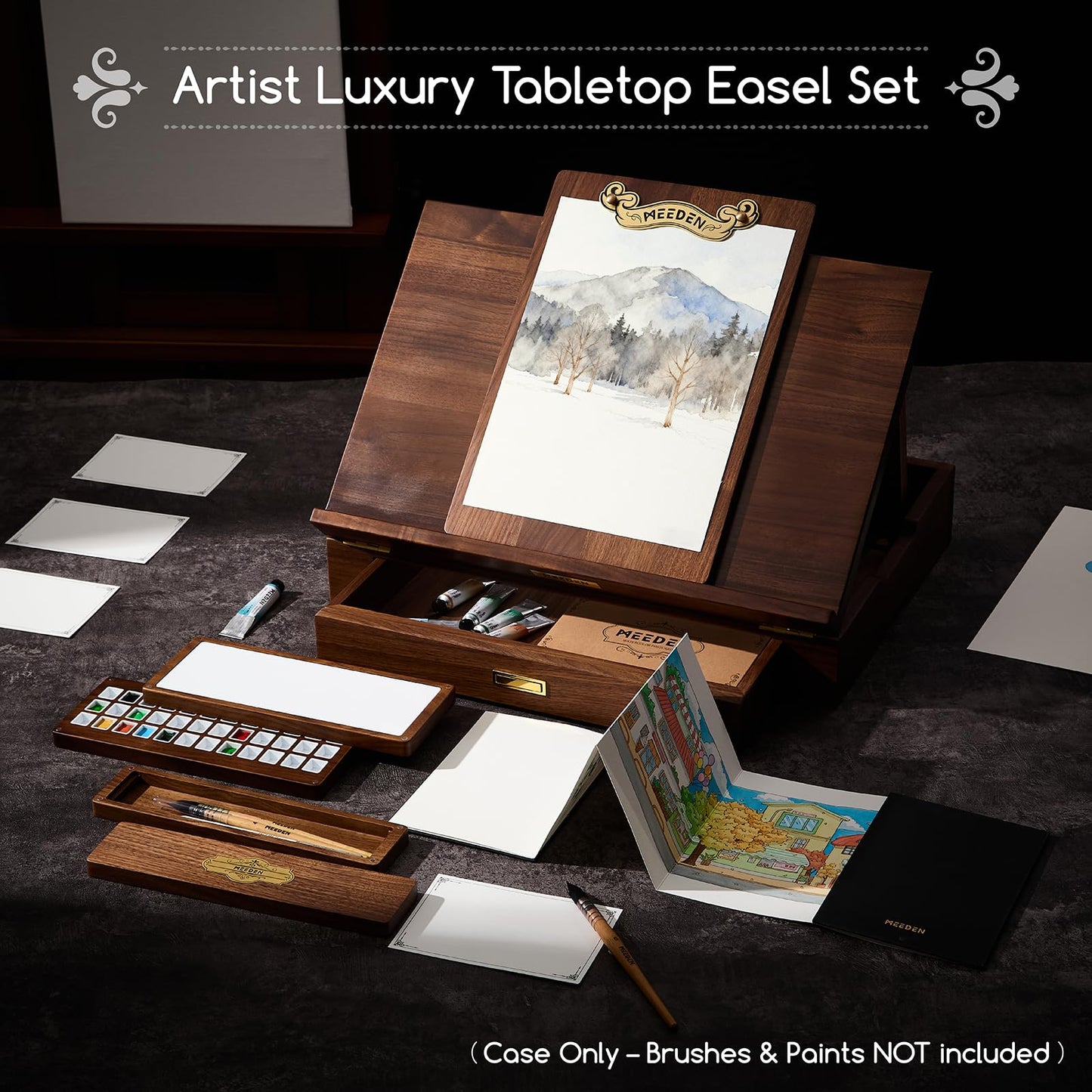 MEEDEN American Black Walnut Tabletop Easel Set - Luxury Art Supplies Kit with Storage Drawer, Drawing Board & Paint Box, Foldable Paint Sketchbox for Adults Artists - Art Gift for Painters & Artists