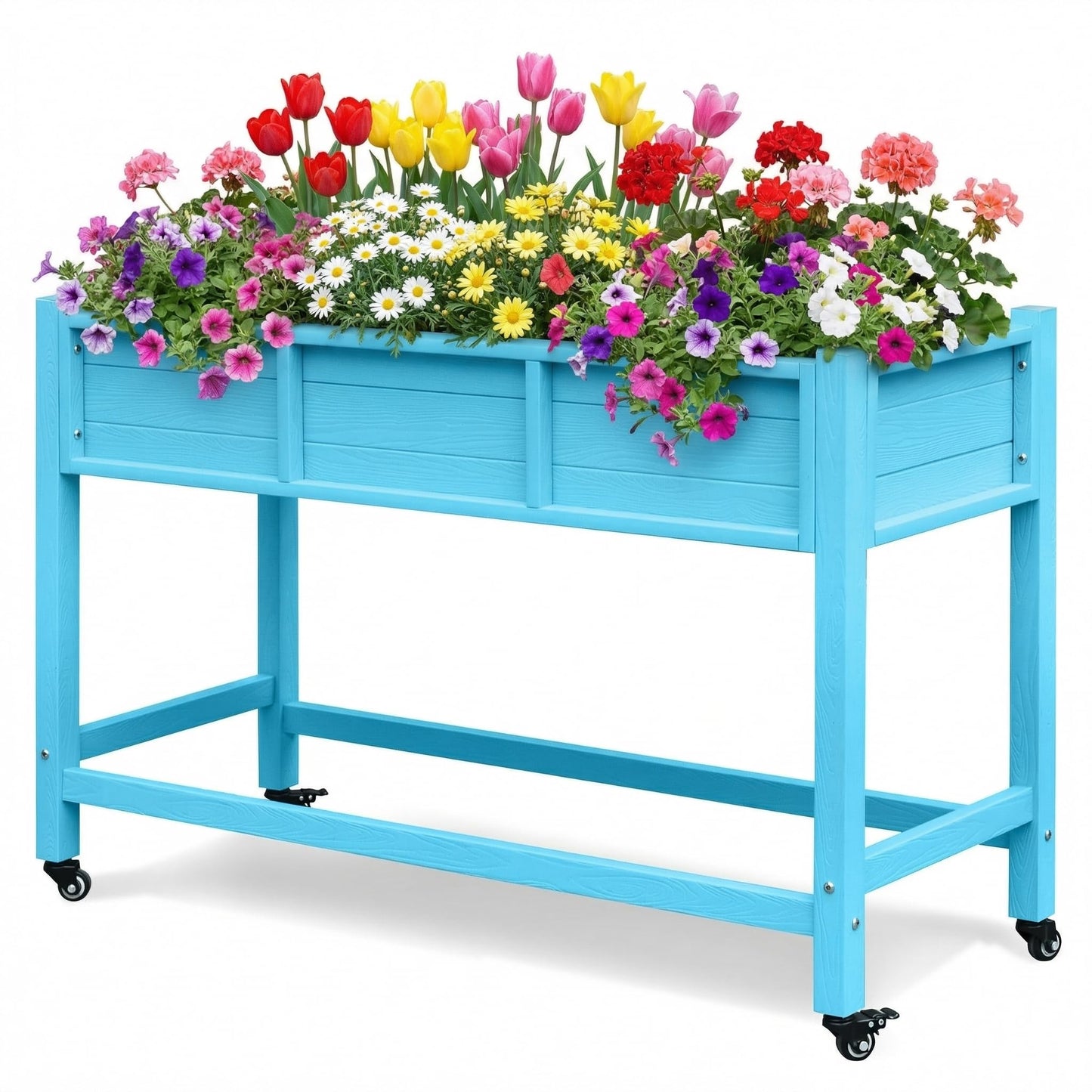 DWVO Raised Garden Bed HDPE with Wheels 47x18x31in Weather-Resistant Poly Wood Raised Planter Box Outdoor with Legs, Elevated Garden Bed for Patio Balcony Backyard, Blue