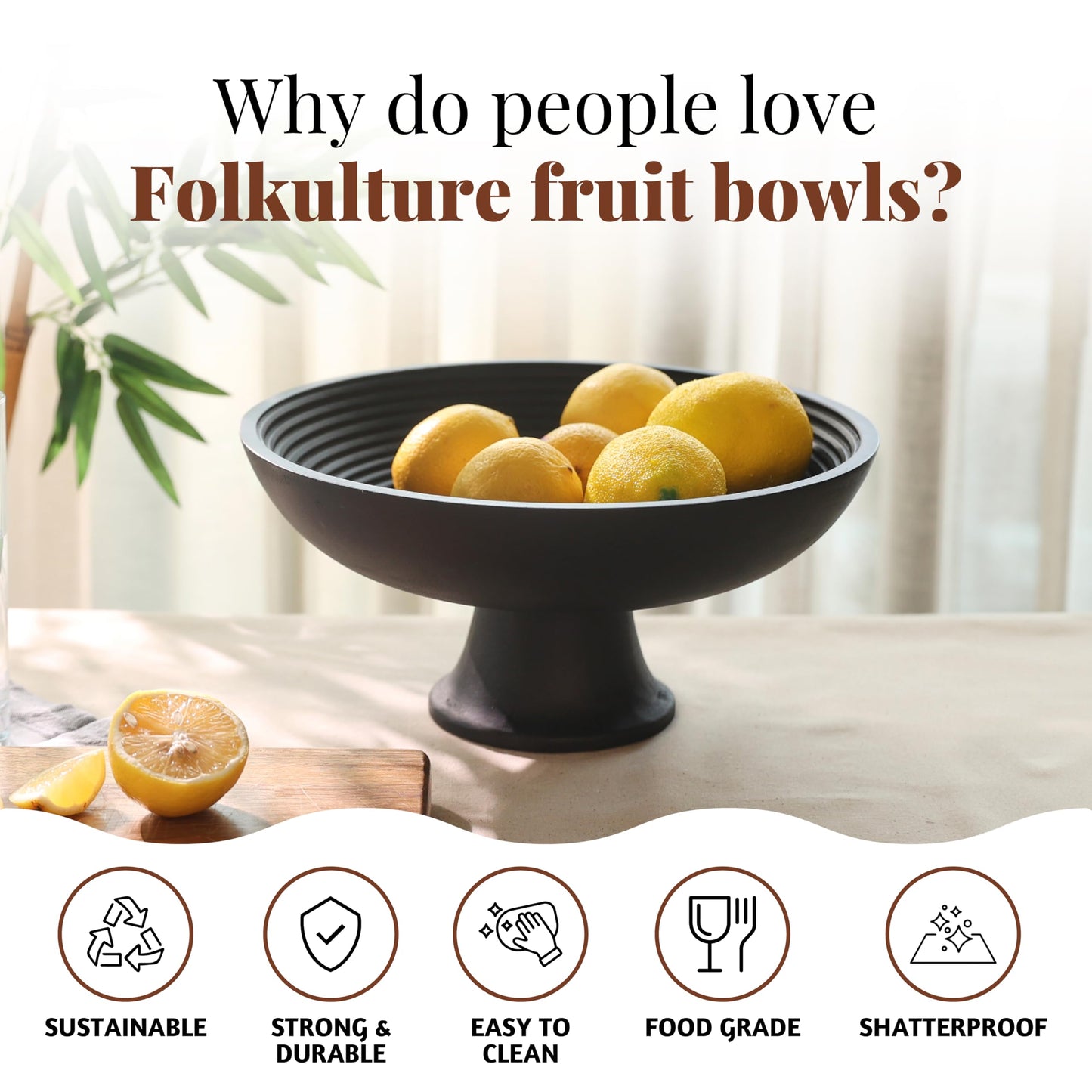 Folkulture Wooden Fruit Bowl for Kitchen Counter | 12" Large Premium Eco Friendly Banana Fruit Basket for Kitchen | Black Fruit Bowl, Decorative Bowl for Table Decor, Centerpiece for Dining Table