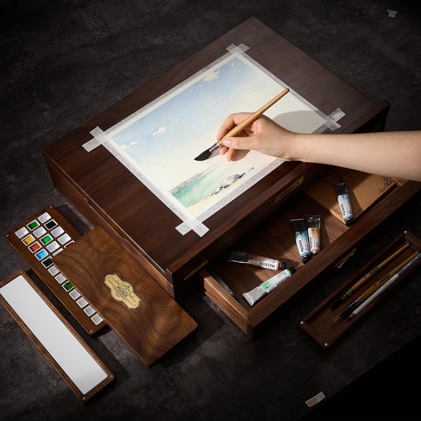 MEEDEN American Black Walnut Tabletop Easel Set - Luxury Art Supplies Kit with Storage Drawer, Drawing Board & Paint Box, Foldable Paint Sketchbox for Adults Artists - Art Gift for Painters & Artists