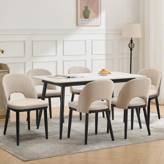 Wooden Dining Chairs Set of 6, Upholstered Kitchen Dining Room Chair, Modern Linen Fabric hollowed out Dinner Chair with Leveling Feet/hollowed out Backrest Support for Dining Room, Living,Beige