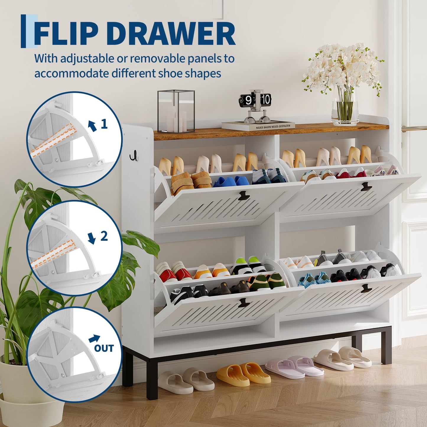 Garvee Shoe Cabinet with 4 Flip Drawers, Freestanding Shoe Organizer with Adjustable Shelves & Sturdy Legs, Narrow Wooden Shoe Rack for Entryway, Hallway, Living Room, White