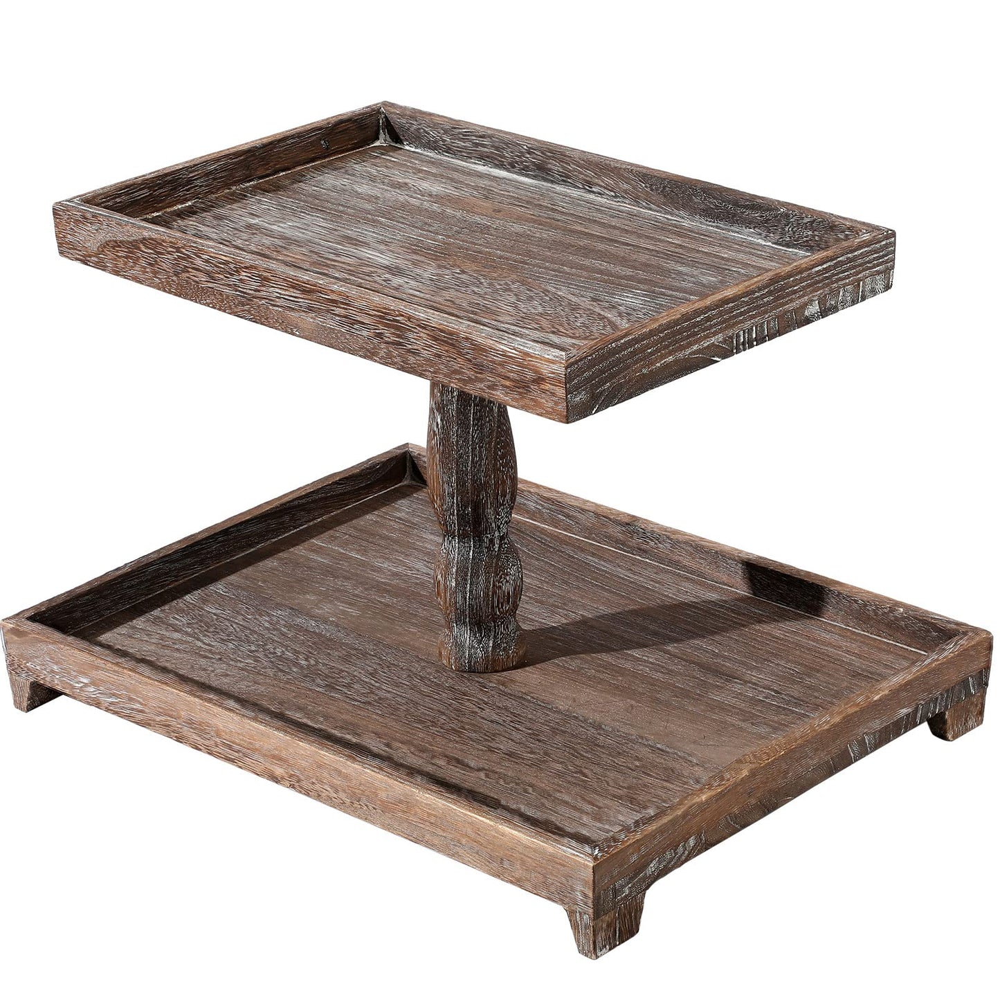 Yalikop Farmhouse Tiered Tray Stand - Wooden Rustic 2 Tier Rectangular Tray Serving Stand for House Kitchen Cake(Brown)