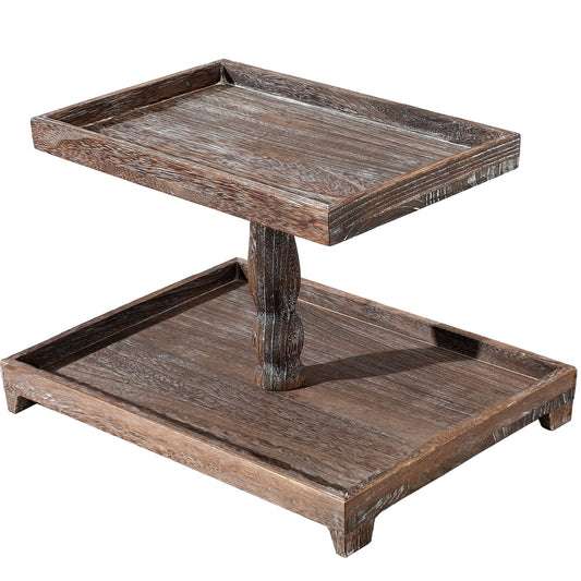 Yalikop Farmhouse Tiered Tray Stand - Wooden Rustic 2 Tier Rectangular Tray Serving Stand for House Kitchen Cake(Brown)