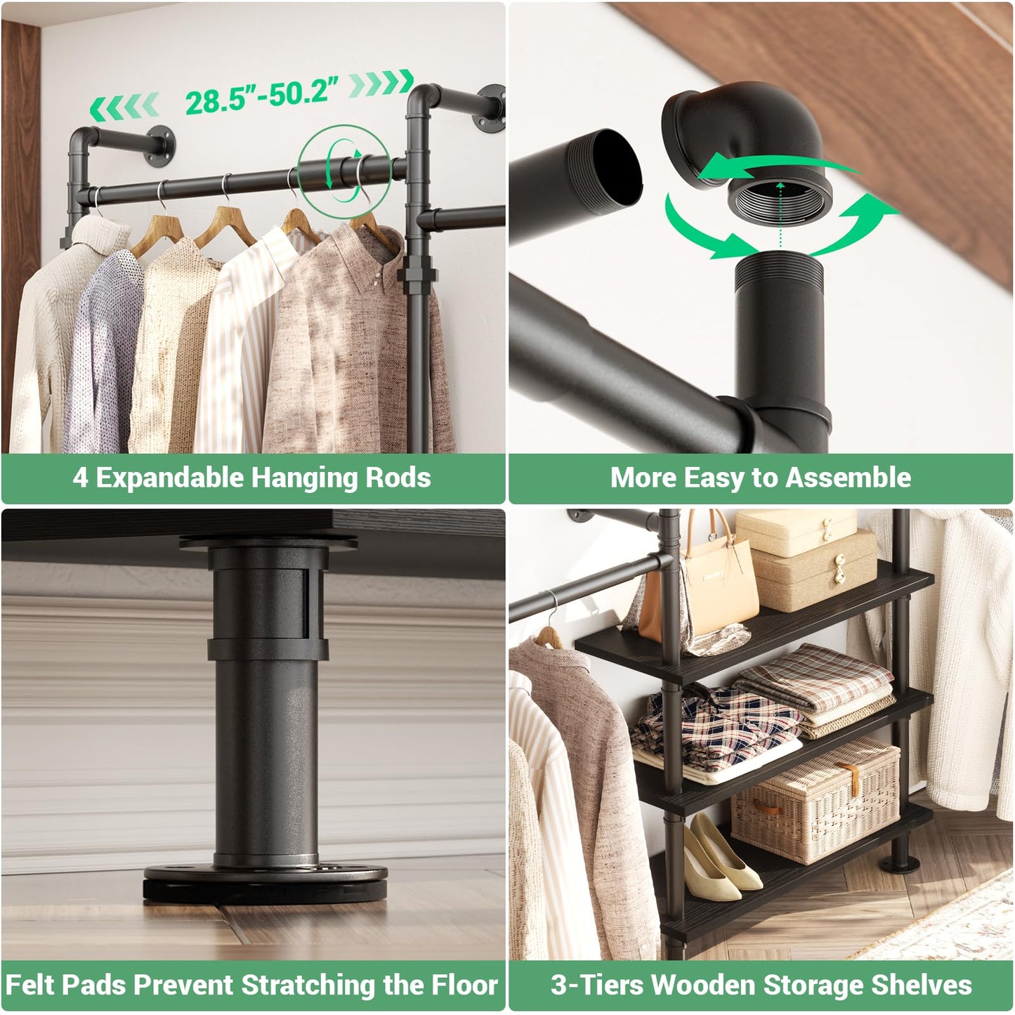 Aheaplus Expandable Industrial Corner Pipe Clothing Rack, 7.3-10.9Ft Reversible Wall Mounted Closet System, L Shaped Clothes Rack for Hanging Clothes, Heavy Duty Closet Wardrobe Garment Rack, Black