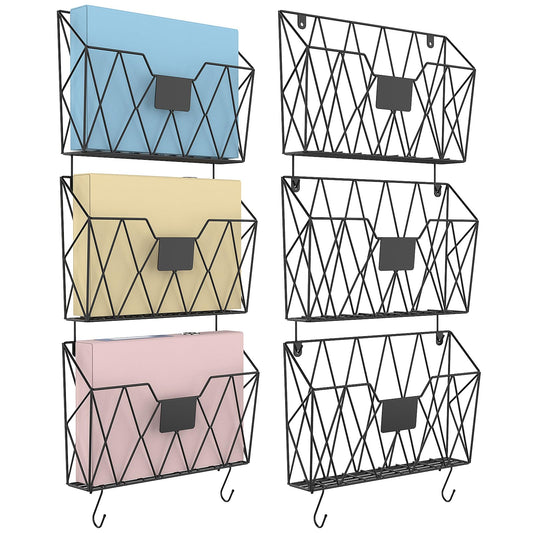 YBING Wall File Organizer Mesh Hanging Wall-mount Files Holder 6 Pack Hanging Wire Magazine Rack and Mail Holder with Hooks Office Wall Organizer for Papers Folders Files Clipboard Black
