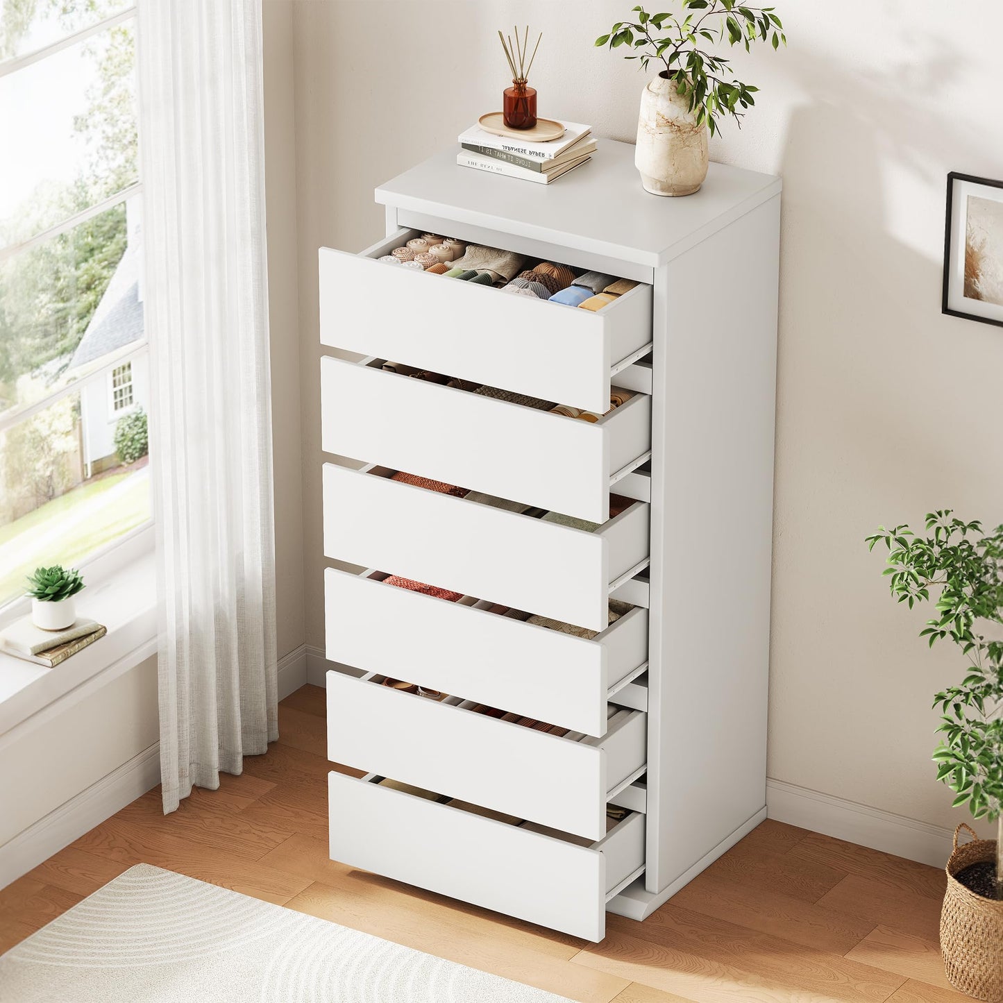 White Dresser, 6 Drawer Dresser for Bedroom, Wooden Chest of Drawers with Handleless Drawers, 19.7" W x 15.7" D x 47.2" H Vertical Tall Dresser, Storage Dressers for Living Room, Hallway and Office