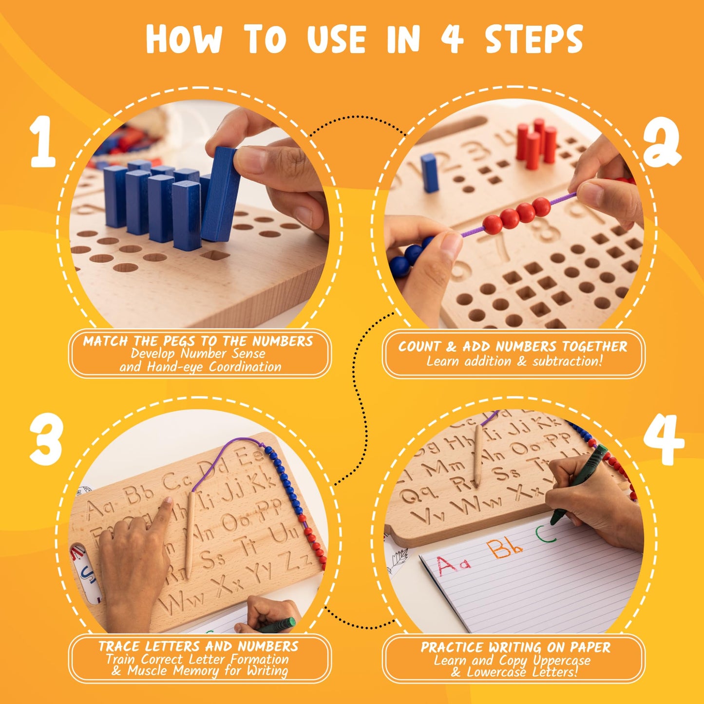 Hulats Montessori Counting Peg Board - Number & Letter Tracing Board - Wooden Montessori Alphabet & Counting Toys Toddlers 3+ Years Old - Alphabet Learning + Education Home Schooling Materials Pre-K