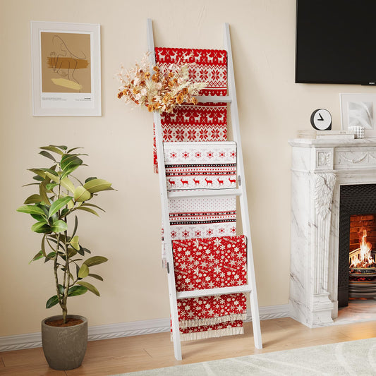 EleganfurHony Bamboo Towel Rack 6-Tier Blanket Ladder for Living Room, Bedroom, Bathroom Space-Saving Decorative Ladder for Quilts, Towels and More White