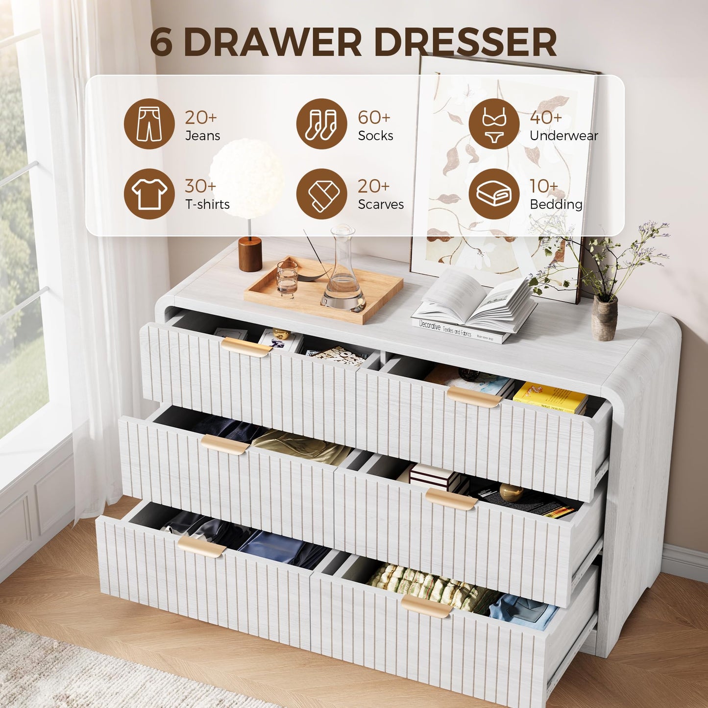 Jocoevol Modern 6 Drawer Dresser for Bedroom, 47" Wide Wood Dressers & Chests of Drawers Curved Profile Design, Mid Century Modern Fluted Dresser for Bedroom, White