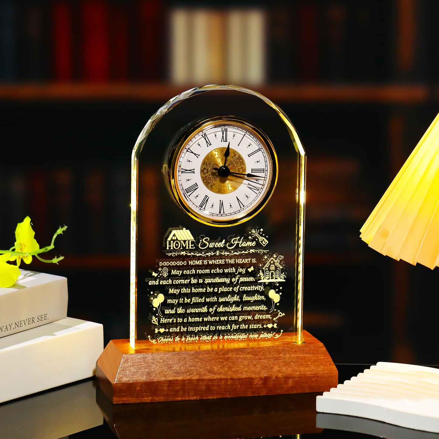Arikyrist House Warming Gifts Glass Clock with Wooden LED Light Base for Women Men Unique New Home Gift Ideas Crystal House Warming Gifts for Couples Family Home Blessing Keepsakes Tabletop Decor