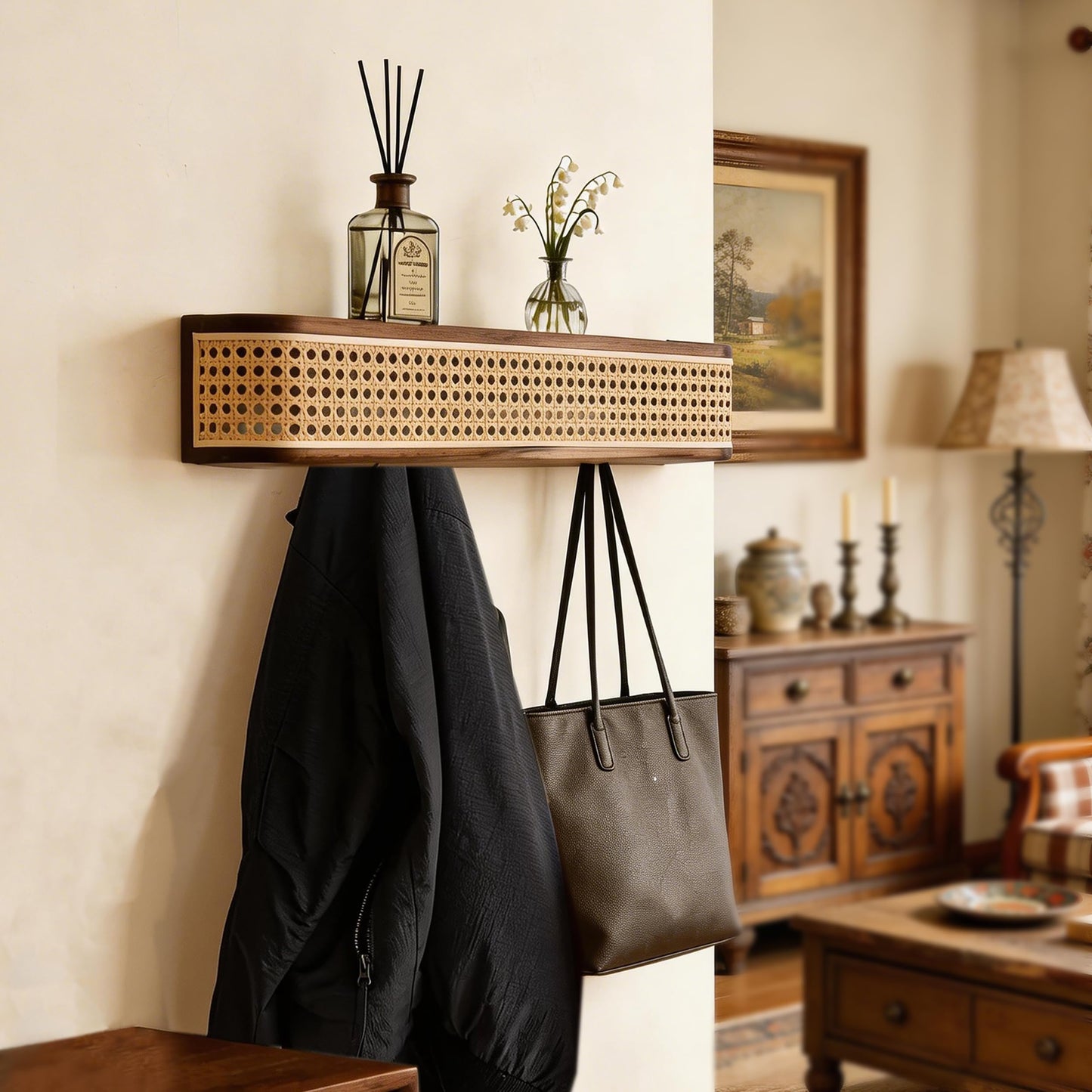 Shamgzuu Coat Rack wall Mount,Rattan Design with Shelf Hidden Hooks, Rustic Perchero De Pared, Entryway Hooks, Key Towel Dog Leashe Jacket Hanger Wall Mount, Walnut (9 Hook 32.28"*3.15"*3.94")