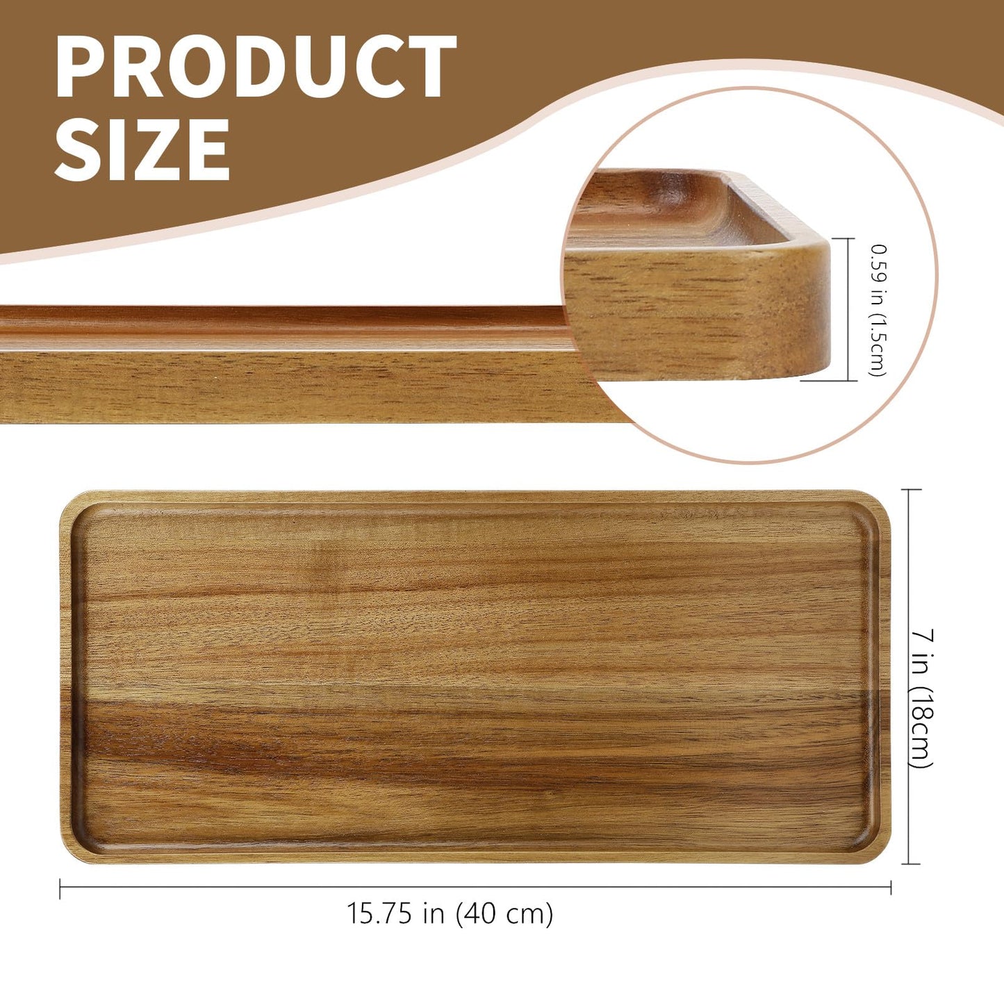 Charmlife 1 pcs 15.7" x 7" Large Solid Acacia Wood Serving Tray Rectangular Wooden Serving Platter Natural Wooden Board for Bar Coffee Party