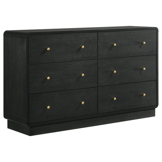 Coaster Home Furnishings - Cavelle - Wood - 6-Drawer Dresser with Mid-Century Modern Style, Gold Ball Knobs, Metal Extension Glides, Rounded Corners - Bedroom - Black - 223663