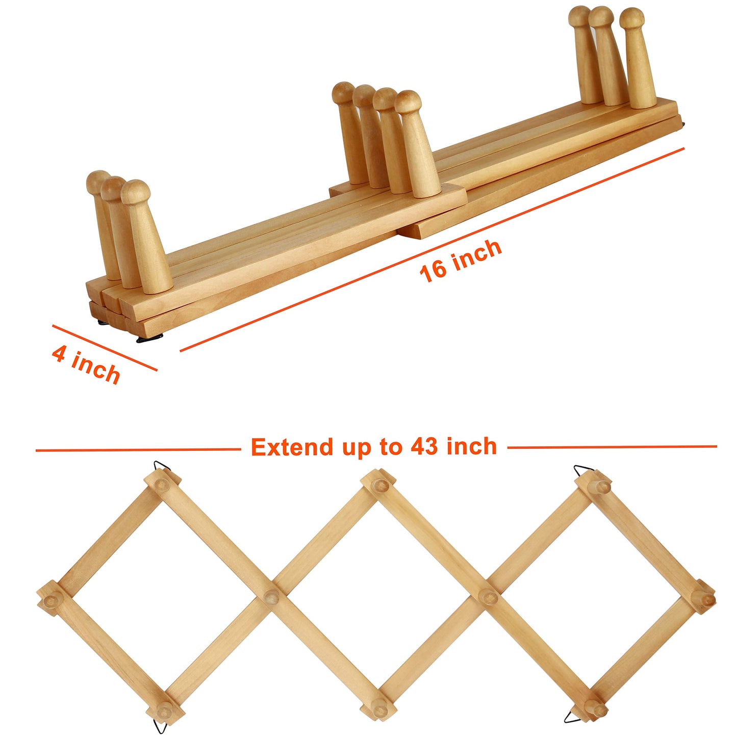 Dseap Accordian Wall Hanger: 16” High Wooden Wall Expandable Coat Rack, Hat Rack Holder, Accordion Hook for Baseball Caps, Coats, Mugs, 10 Peg Hooks, Natural