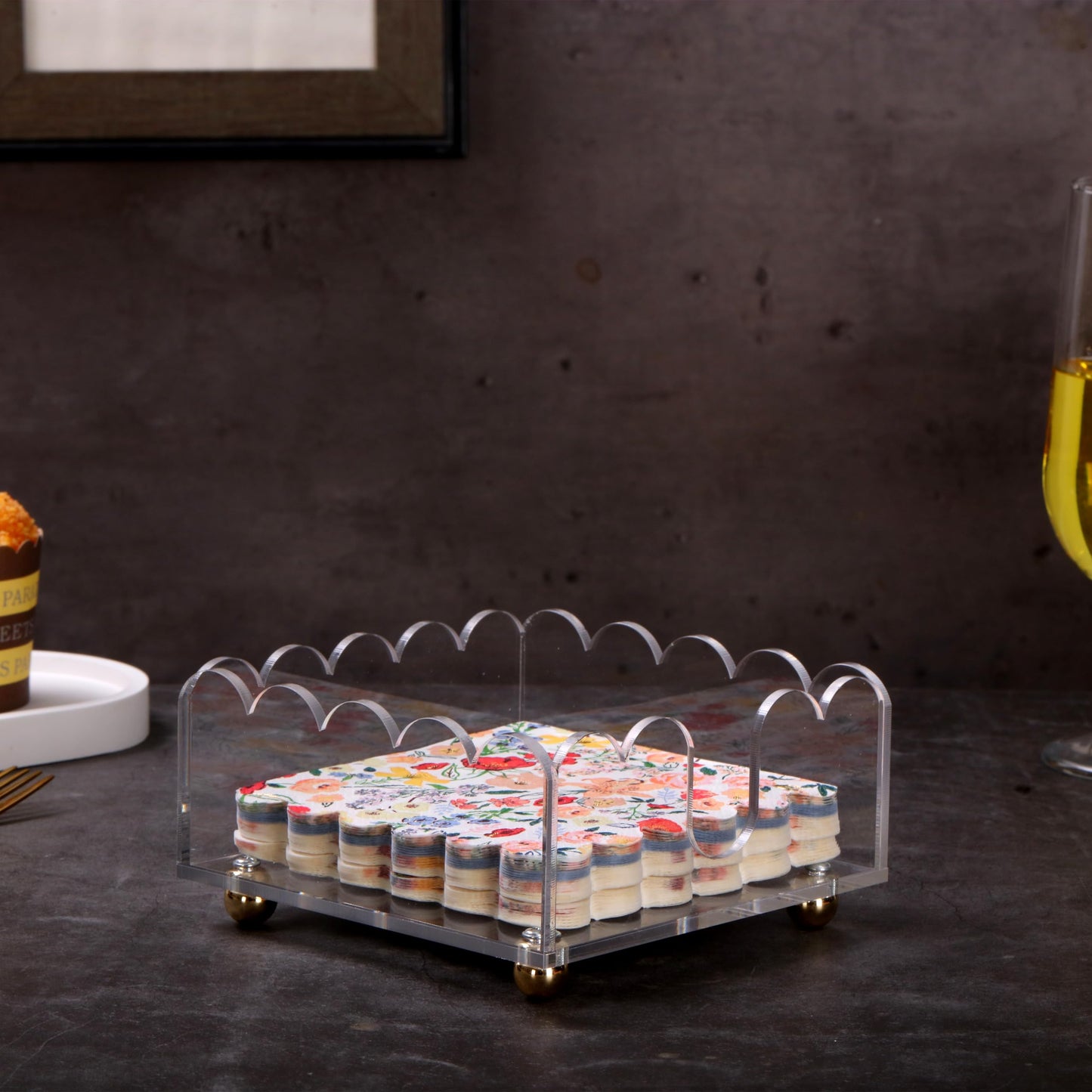 Napkin Holder 6.9"x6.9" Cocktail Napkin Holder with Gold Feet, Acrylic Napkin Holders for Table, Stylish Guest Towel & Disposable Paper Holder for Hotels, Bar, Parties - Square