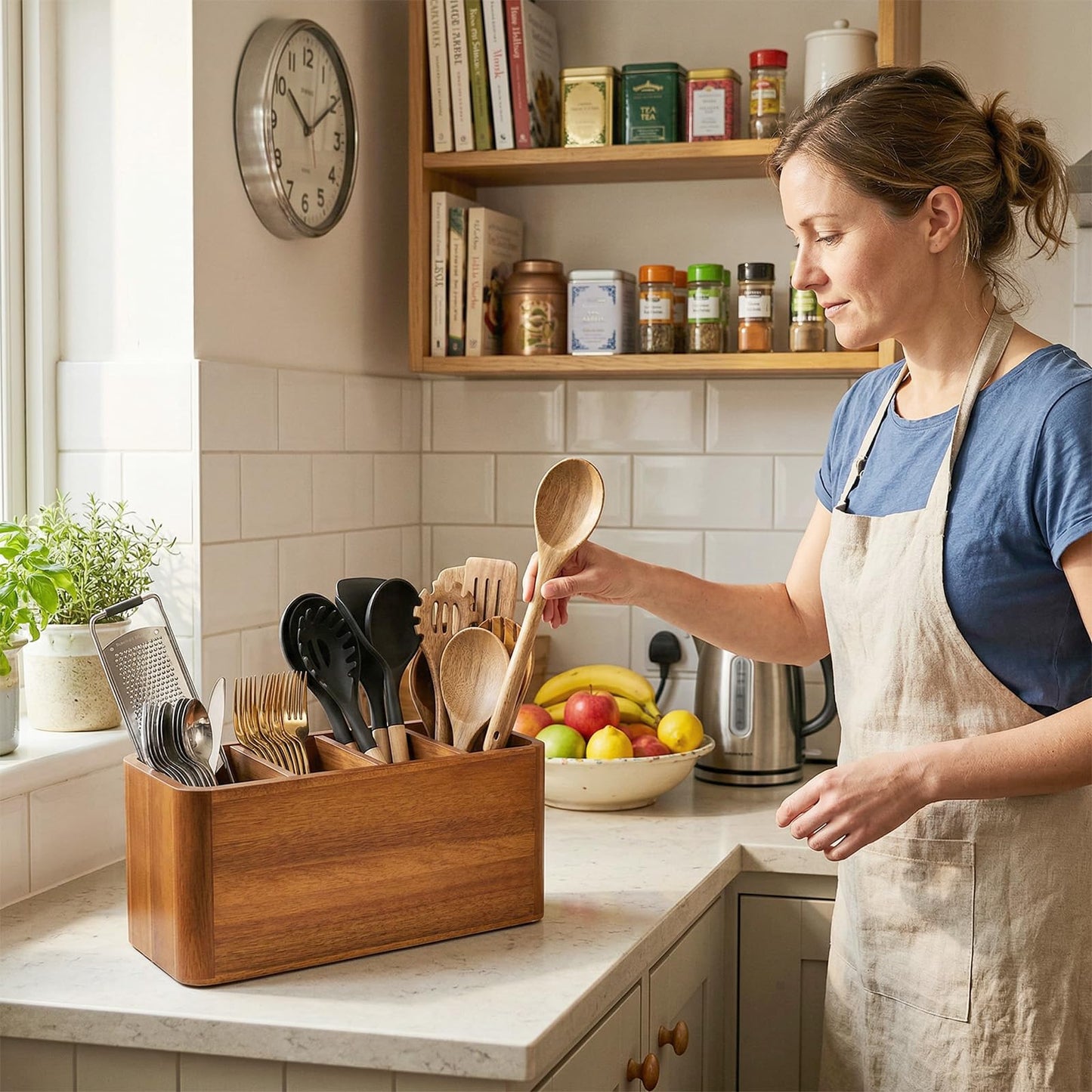 powerful xishan Kitchen Utensil Holder for Countertop with 3-Piece Wooden Utensil Set, Extra Large Acacia Wood Utensil Organizer, 4-Compartment Storage for Cooking Utensils, Silverware and Cutlery