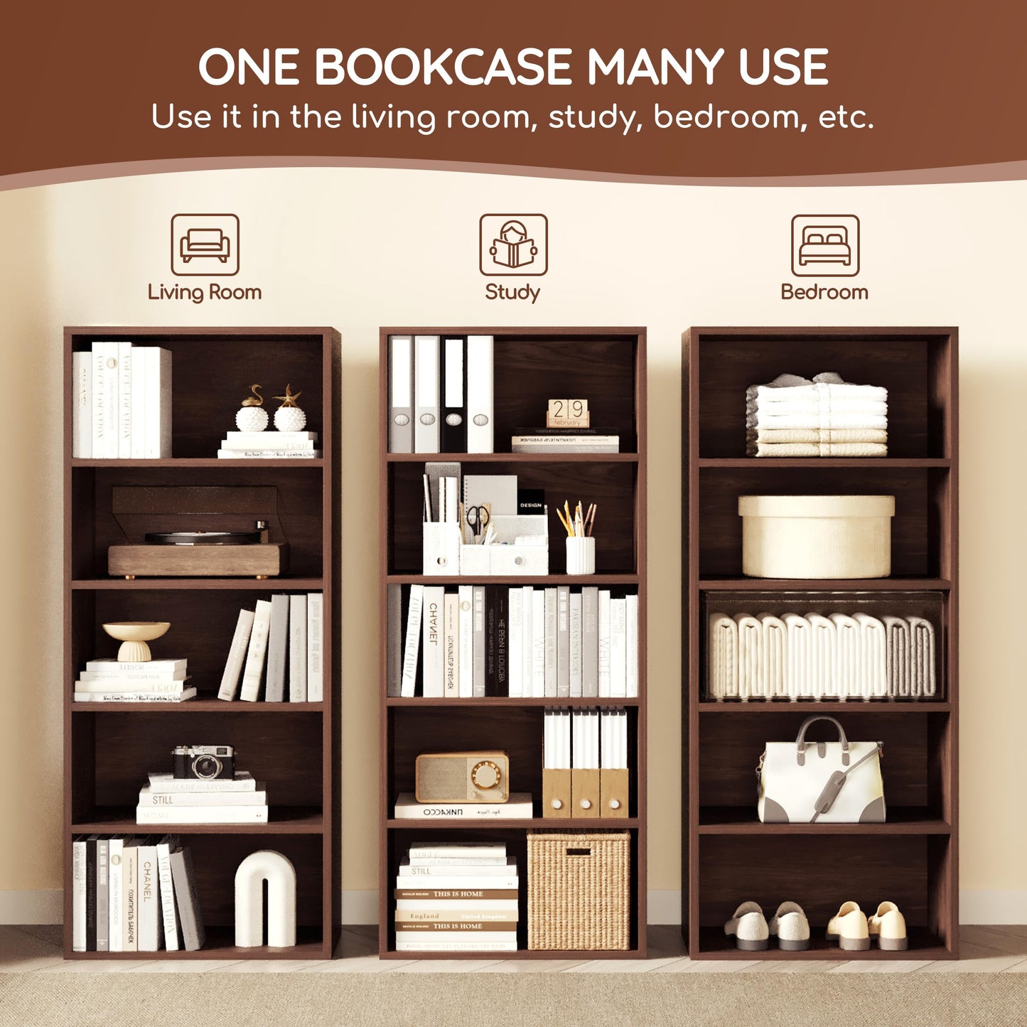 ELYUP Basic Open Shelf Bookcase – 4-Tier Extra Deep Wooden Bookshelf, Storage Shelves with 11-Inch Depth, Black Walnut