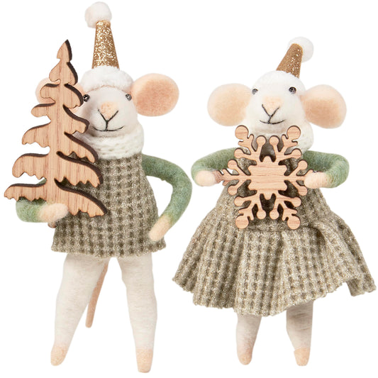 Primitives by Kathy Winter Mice Felt Collectible Critter Set, 6-Inch Handmade Wool Mice Duo with Glitter Hats Holding Wooden Tree & Snowflake, Winterscape Tiered Tray & Tree Decor