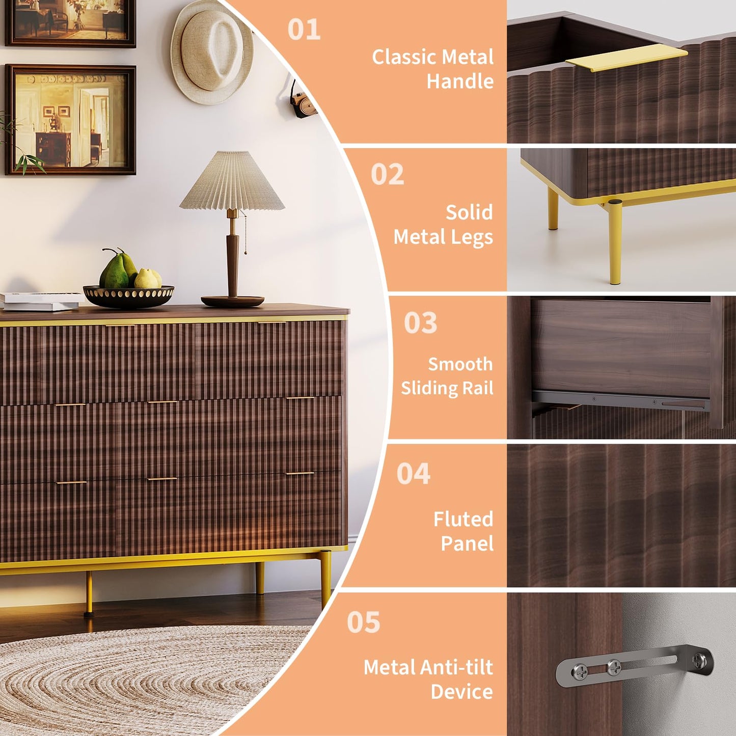 Garvee LED Dresser with Charging Station - Modern 5-Drawer 47" Wide Wooden Chest, Storage Organizer for Bedroom, Nursery, Hallway & Apartments