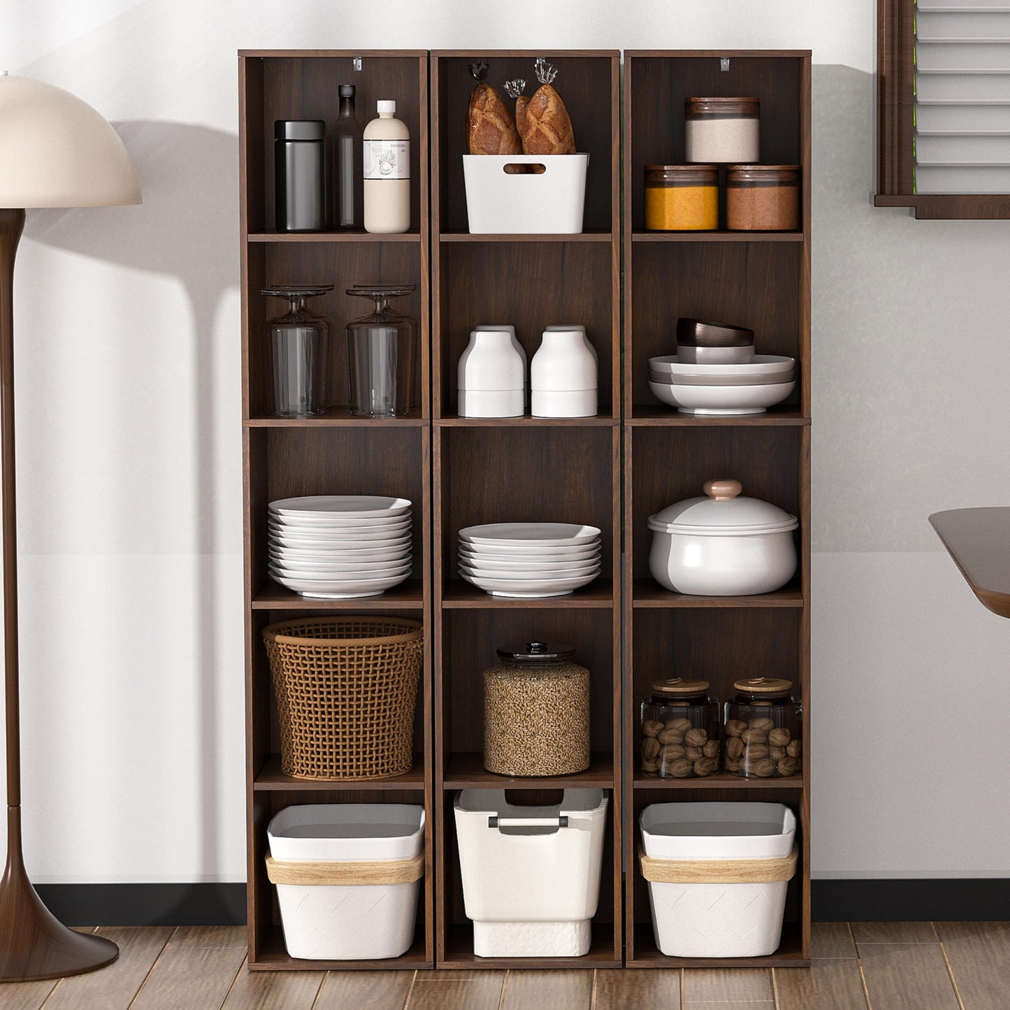 NewBeth 5 Cube Storage Organizer, Narrow Open Shelf Bookcase, Freestanding 5 Tier Low Display Bookshelf for Home Office, Living Room, Bedroom, Dark Brown & Black Walnut