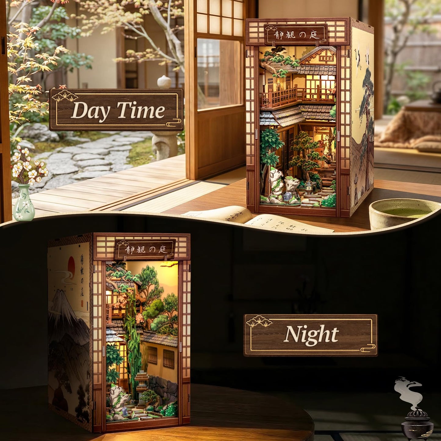 CUTEBEE Book Nook Kit – DIY Miniature House Kit for Adults, Serene Courtyard Japanese Zen Booknook, 3D Wooden Puzzle Bookshelf Insert, Dollhouse Bookend Decor Gift for Adults Teens(Serene Courtyard)