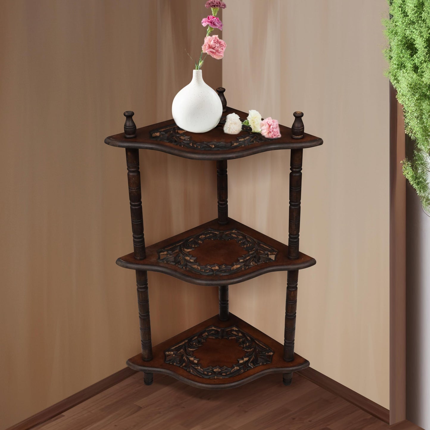 The Wooden Town Corner Shelf - 3-Tier Space-Saving Corner Bookshelf Stand for Small Rooms, Stylish Bathroom & Home Office Storage, Burnt Finish, 12" L x 12" W x 26" H