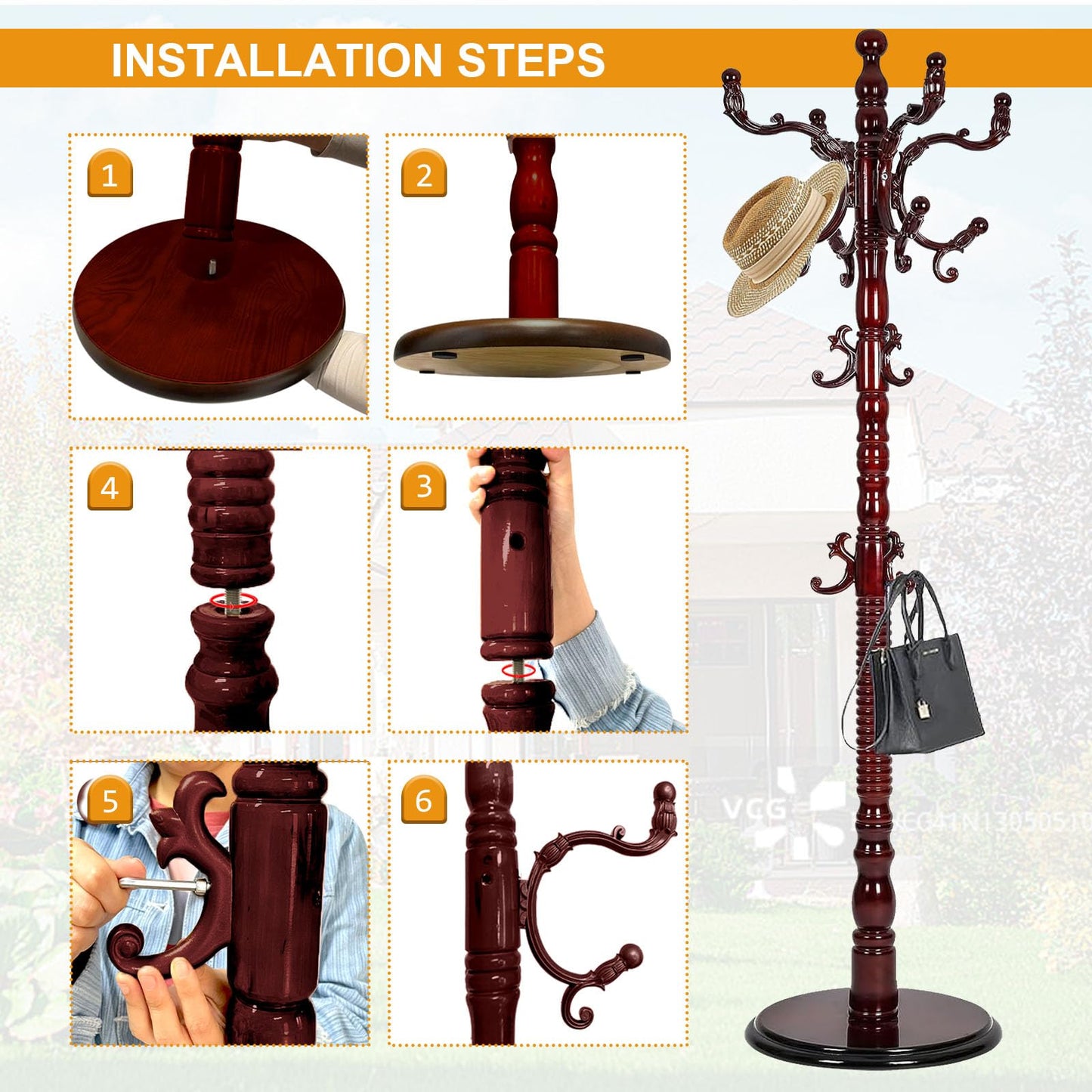 Hsohriif Wooden Coat Hanger Stand, Coat Rack Freestanding 18 Hooks, Mid Century Vintage Coat Tree for Entryway, Adjustable Height 73", Heavy Duty Coat stand for Home Bedroom, Office(Walnut)