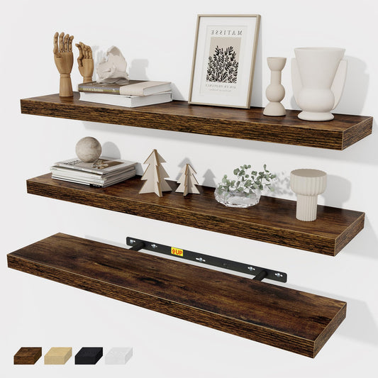 Floating Shelves Wall Shelf 30 Inch Long, Rustic Wood Bathroom Shelves 30 Inch, Farmhouse Home Decor Kitchen Living Room Bedroom Shelves Wall Mounted, 30 x 6.7 x 1.4 Inch, Set of 3, Rustic Brown