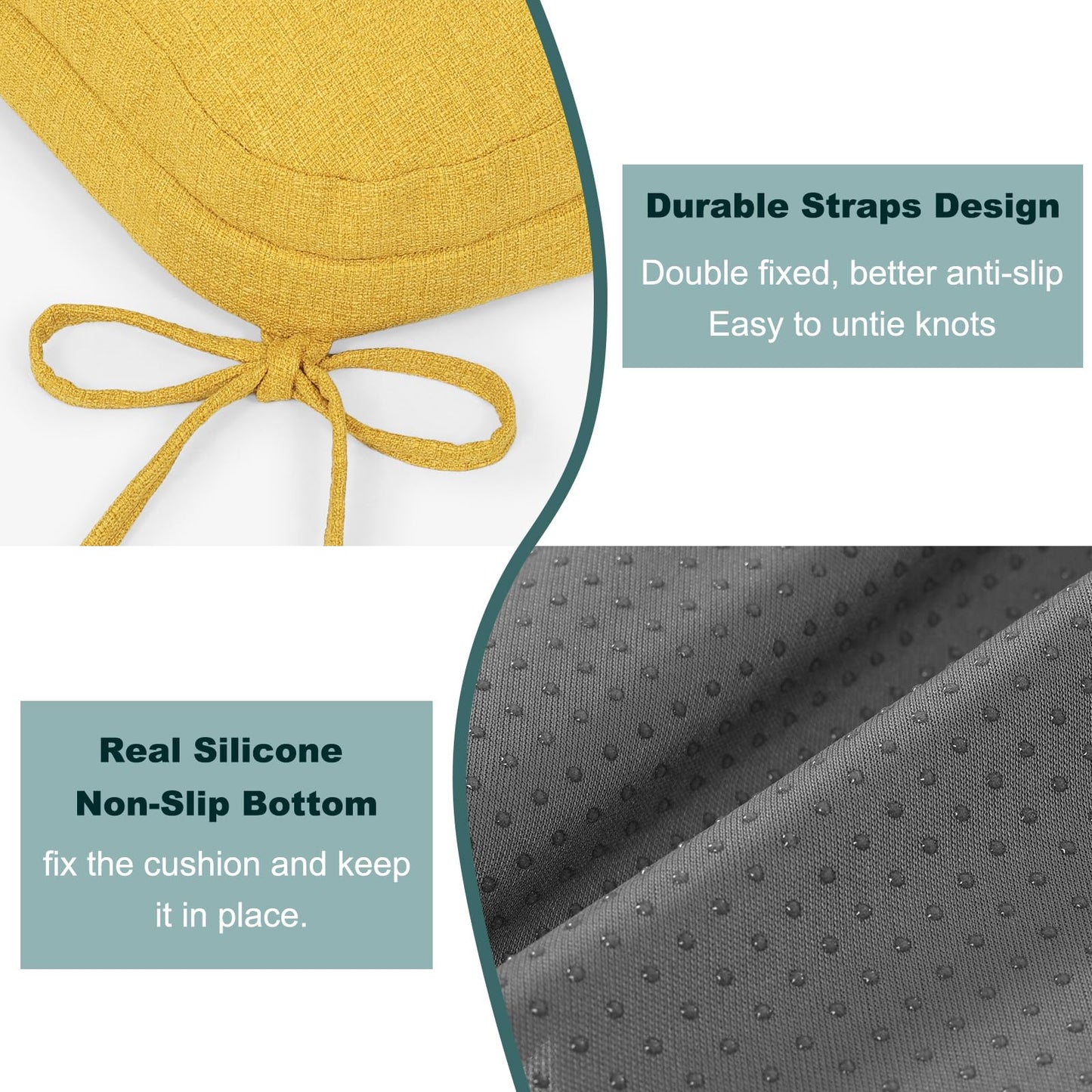 baibu Set of 2 Dining Chair Cushions, Dual-Layer Patent Design Memory Foam Kitchen Chair Cushions, Non-Slip Seat Pads with Ties, 16.5 x 16.5 x 3.5in, 2 Pack, Yellow