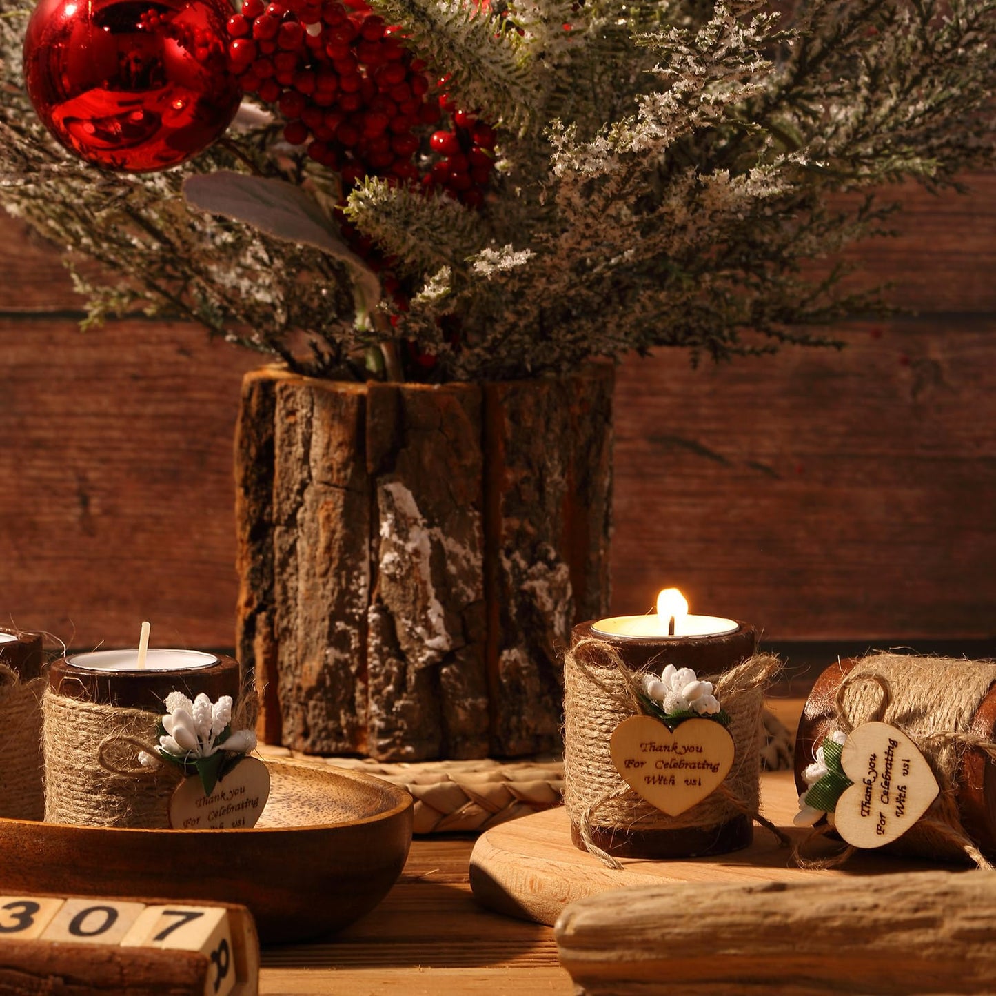 Treela 12 Pcs Wood Tealight Candle Holder Bridal Shower Tealight Holder Rustic Wooden Cylinder Candle Holders with Tea Lights Candles for Wedding Baby Shower Party Favors Gift(Brown)