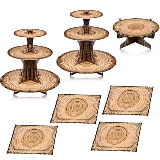 Sawysine 7 Pcs Woodland Cupcake Stand Set Woodland Baby Shower Decorations 3 Tier 2 Wooden Cupcake Stand 1 Rustic Cake 4 Rectangle Serving Tray Birthday Western Camping Hunting Supplies(Rectangle)
