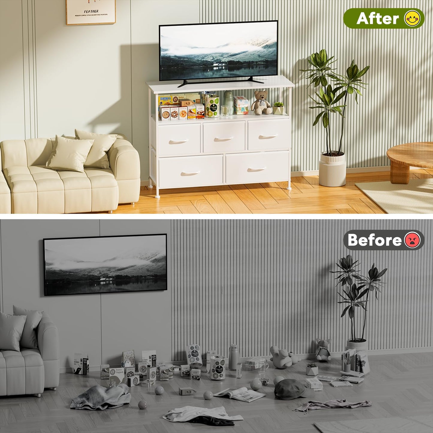 Simple Deluxe TV Stand Dresser for Bedroom Entertainment Center with 5 Fabric Drawers, Storage Organizers Units for Living Room, Media Console Table with Open Shelf up for 45" TV, White, Wood top