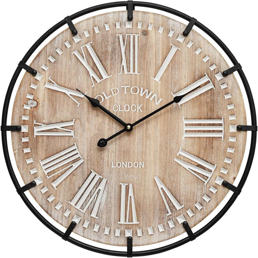 MODE HOME 24 Inch Large Farmhouse Wall Clock,Rustic Wooden Wall Clock Decorative with Metal Circle and Engraved Numerals, Silent Battery Operated for Kitchen Bedroom Living Room Fireplace Mantel