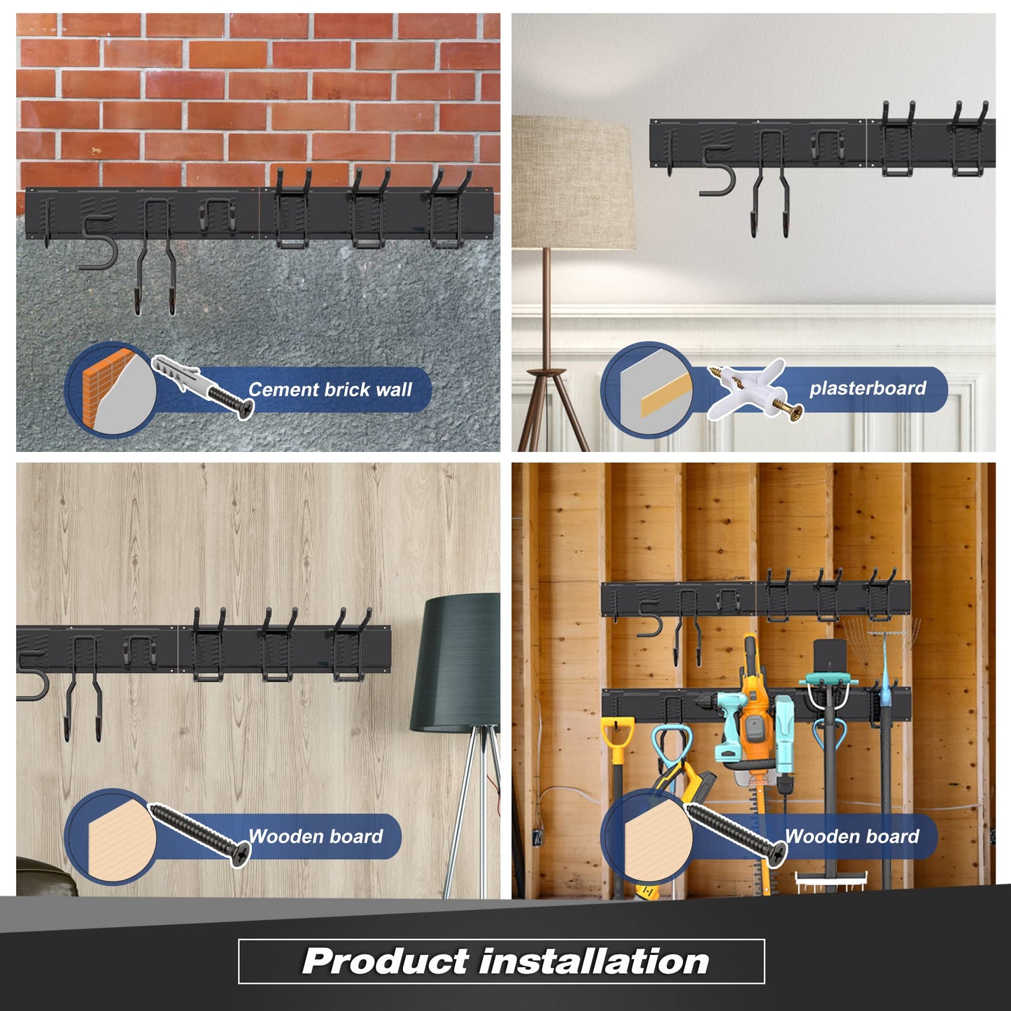 Sttoraboks Garage Wall Organizer, Heavy Duty Tool Hangers for Garage Wall with 8 Double Hooks & 3 Rails, Tool Organizer Wall Mount, Garage Hanging Storage Rack for Shovel, Rake, Broom and Ski Gear