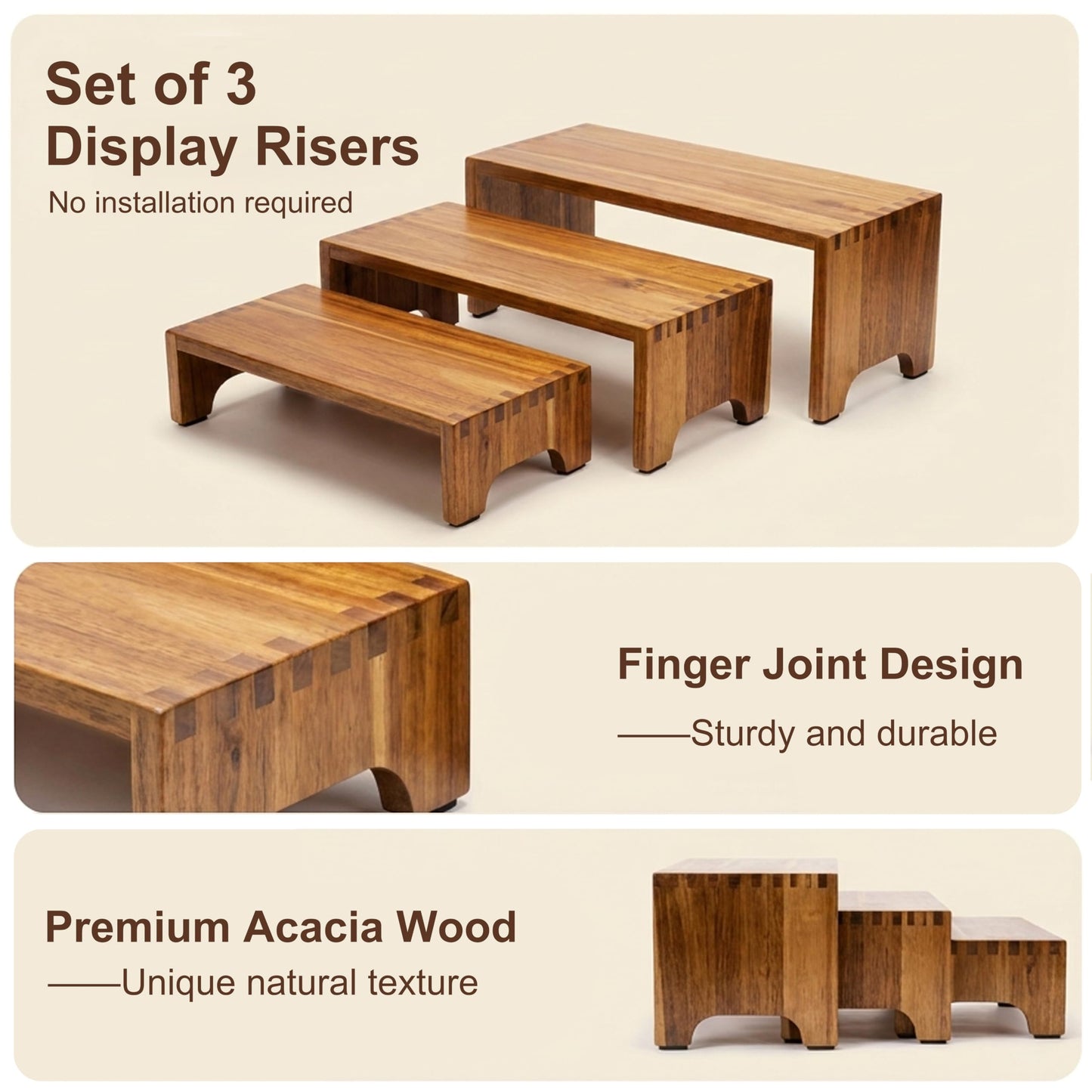 ZUJJAFY Set of 3, Acacia Wood Risers Display Stands, Cupcake Stand Decorative Display Risers for Food Desserts, Tiered Wooden Riser Display Stands for Vendor Events, Party, Wedding