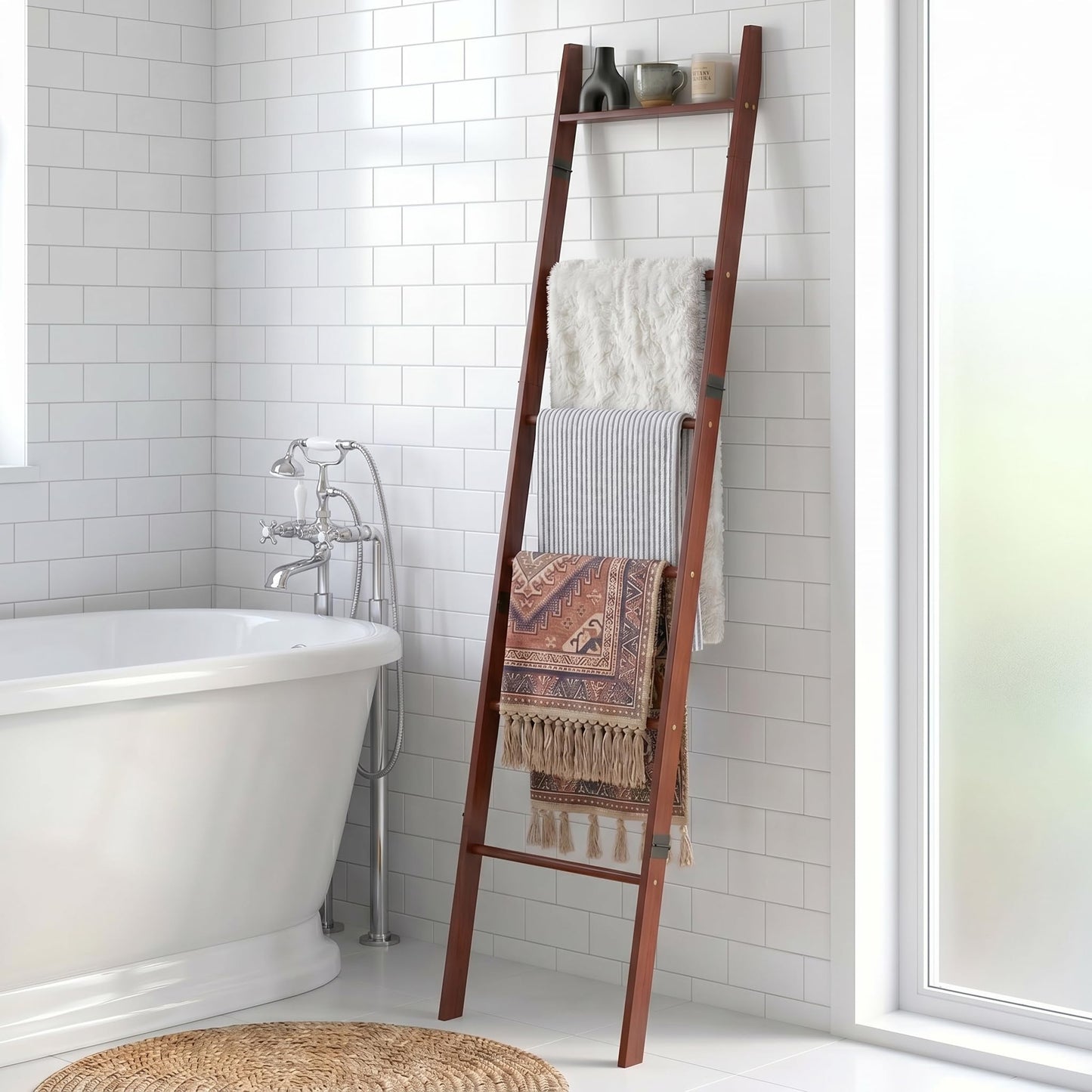 Plusinthebox 6 Tier Blanket Ladder with Shelf, Wooden Blanket Rack for Living Room, Leaning Towel Ladder Rack for Bedroom, Bathroom, Quilts, Throws, Towels and Farmhouse Décor Black